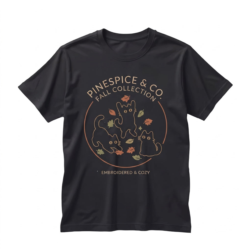 Cute Black Cats Fall Leaves Embroidered Autumn Cozy Aesthetic Gift Unisex TShirt