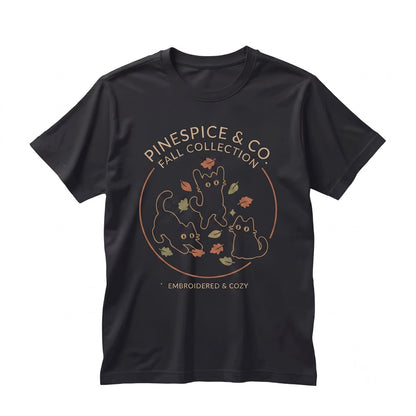 Cute Black Cats Fall Leaves Embroidered Autumn Cozy Aesthetic Gift Unisex TShirt