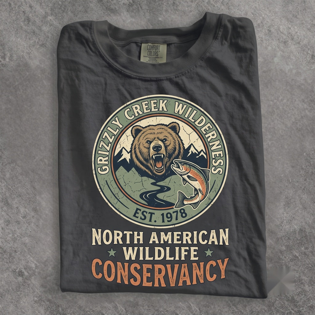 Retro Grizzly Bear Salmon Graphic Fishing Wildlife Rugged River Wilderness Outdoorsman Gift Unisex TShirt