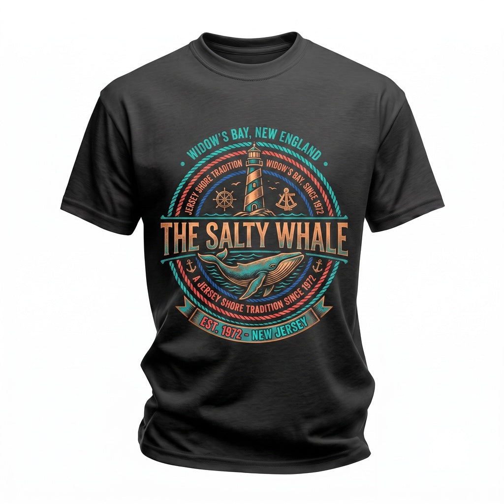 The Salty Whale Widows Bay Vintage Seafood Restaurant Coastal Bar Pub Graphic Retro Horror Town Unisex TShirt