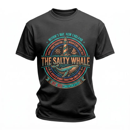 The Salty Whale Widows Bay Vintage Seafood Restaurant Coastal Bar Pub Graphic Retro Horror Town Unisex TShirt