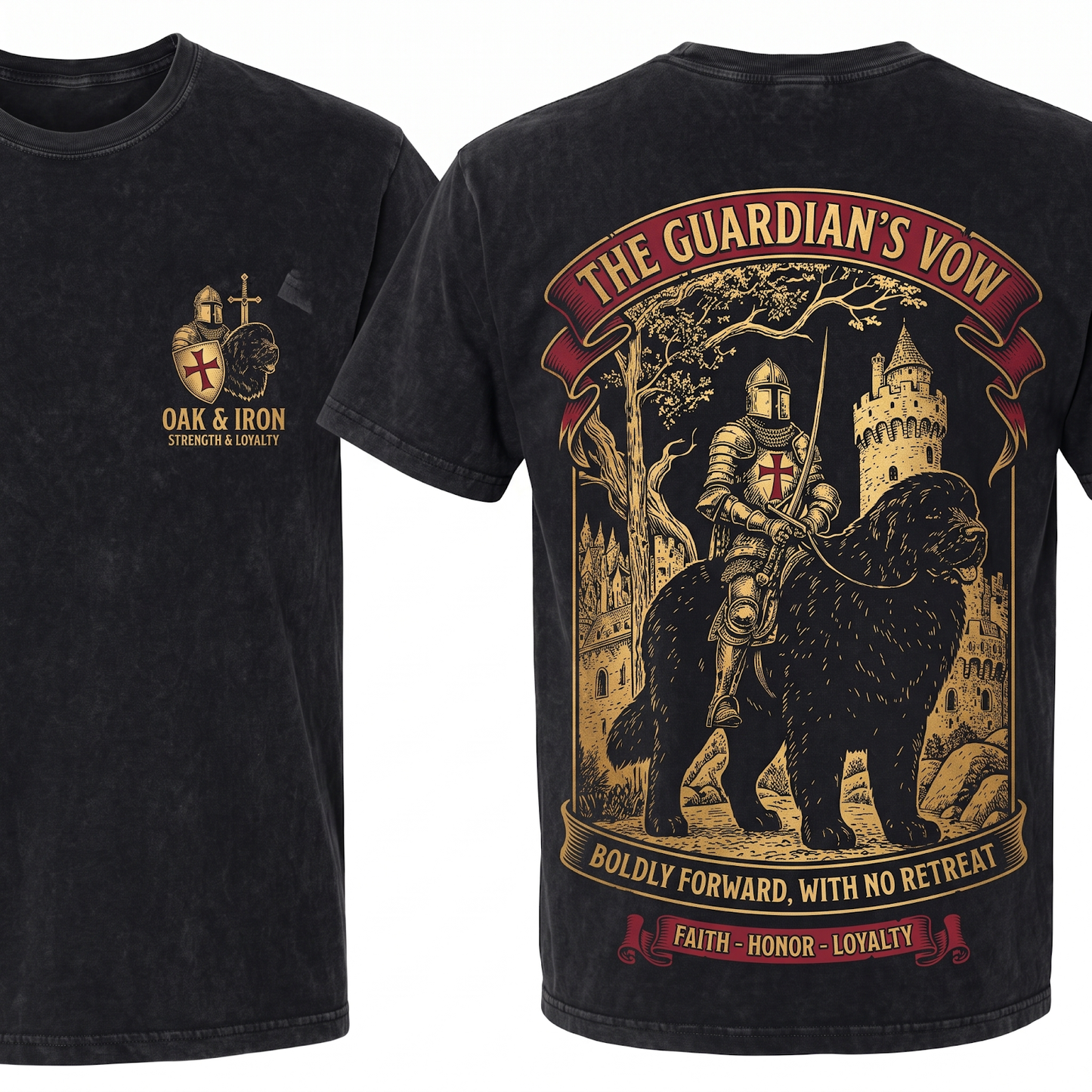 Knight Newfoundland Rider Vintage Graphic Tee - Retro 90s Dark Art Medieval Funny Dog Meme Mom Dad Gift Unisex Heavyweight Garment-Dyed T-Shirt