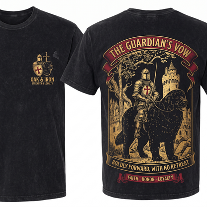 Knight Newfoundland Rider Vintage Graphic Tee - Retro 90s Dark Art Medieval Funny Dog Meme Mom Dad Gift Unisex Heavyweight Garment-Dyed T-Shirt