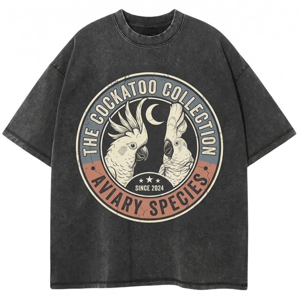 Three Umbrella Cockatoo Moon Vintage Graphic White Parrot Galaxy Exotic Bird Lover Retro Unisex TShirt