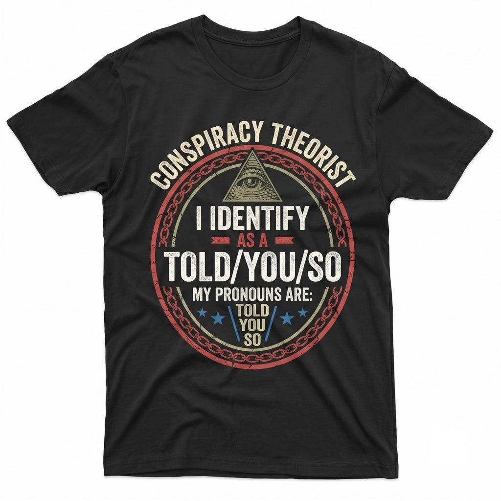 I Identify As A Conspiracy Theorist My Pronouns Are Told You So Funny Conservative Sarcastic Graphic Apparel Mens Womens Unisex