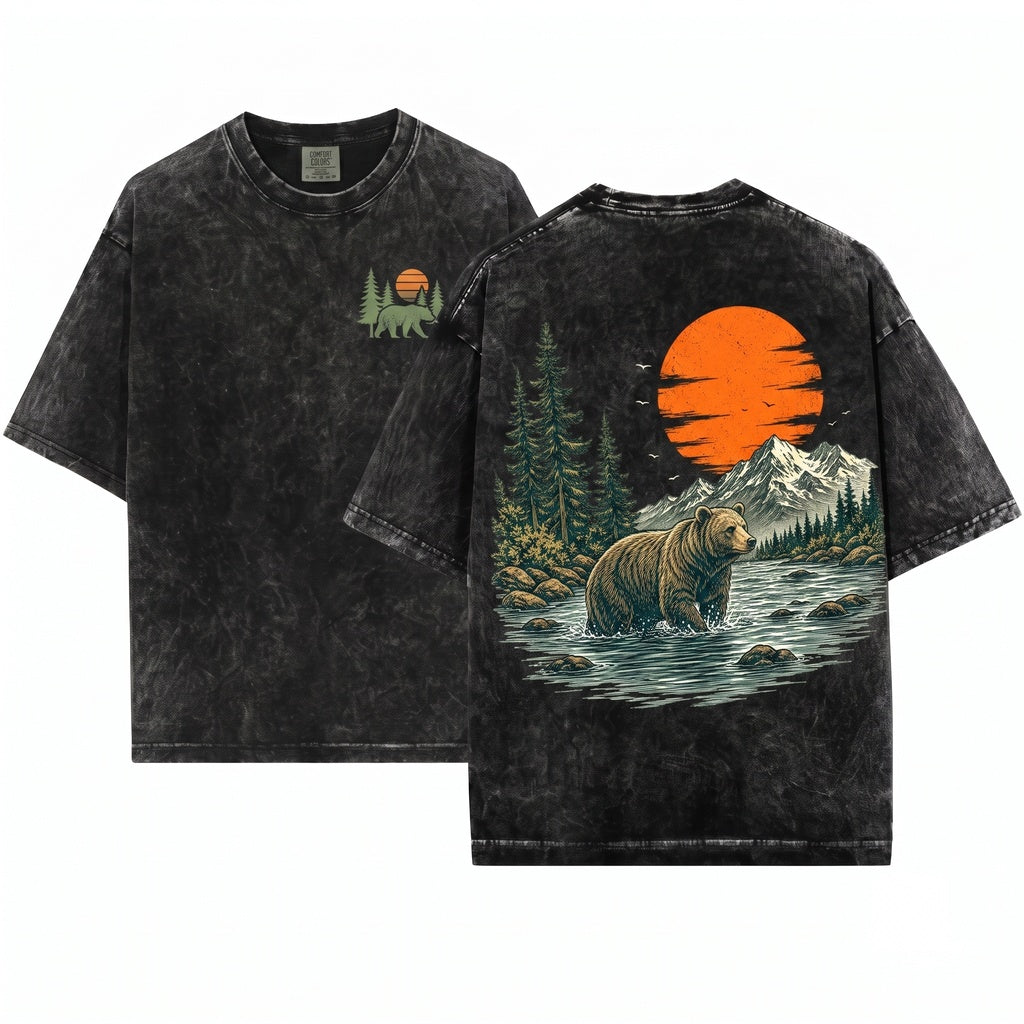 Bear in River Vintage Sunset Mountain Wildlife Nature Lover Woodland Camping Pine Trees Gifts for Outdoorsy Men Women Unisex Wash