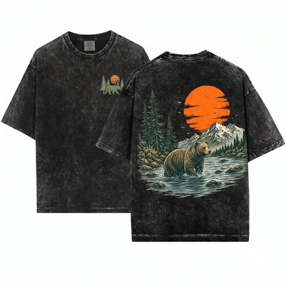 Bear in River Vintage Sunset Mountain Wildlife Nature Lover Woodland Camping Pine Trees Gifts for Outdoorsy Men Women Unisex Wash