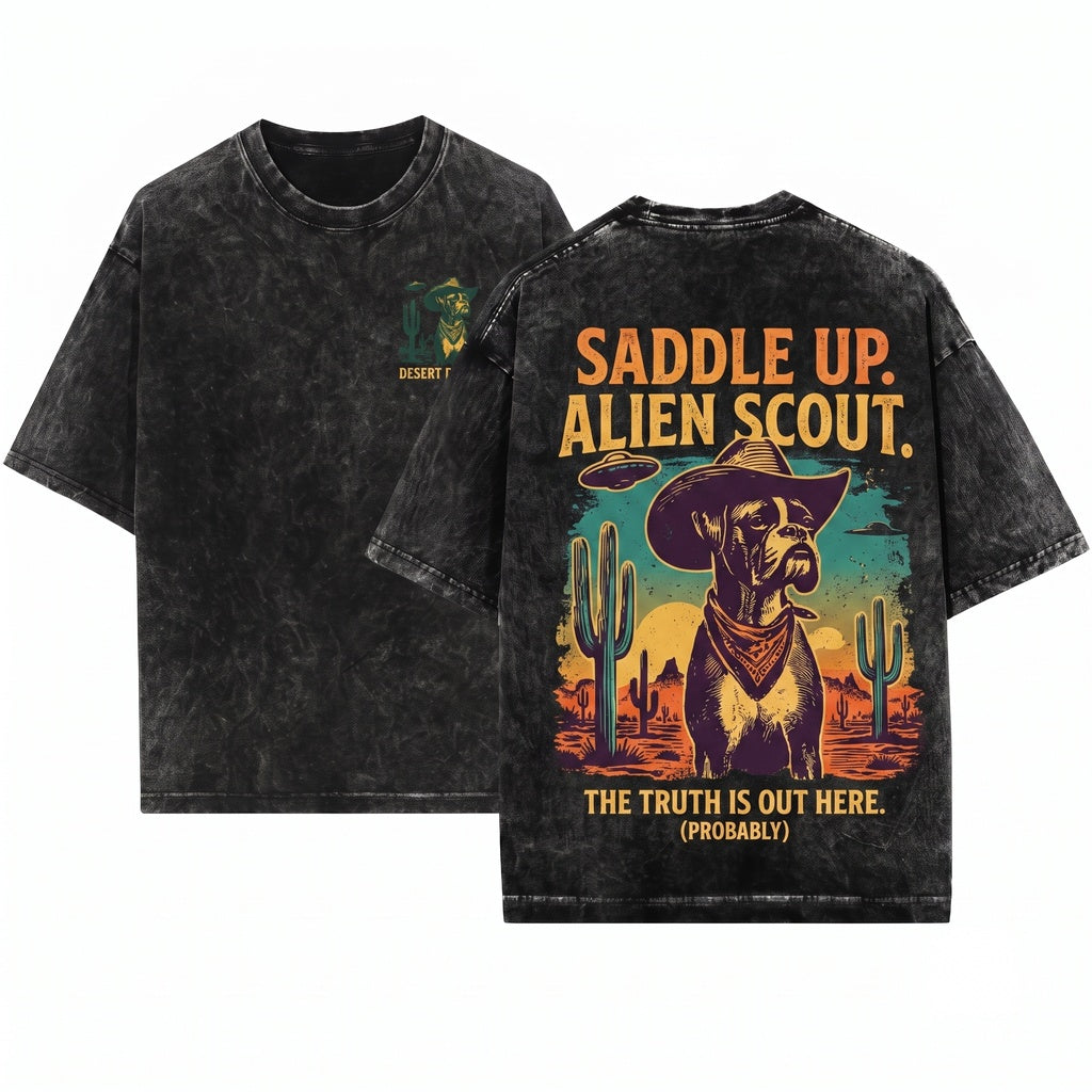 Vintage Boxer UFO Cowboy Space Dog Mom Dad Western Country Ranch Wild Gift Unisex Wash T-Shirt