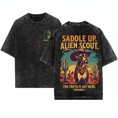Vintage Boxer UFO Cowboy Space Dog Mom Dad Western Country Ranch Wild Gift Unisex Wash T-Shirt