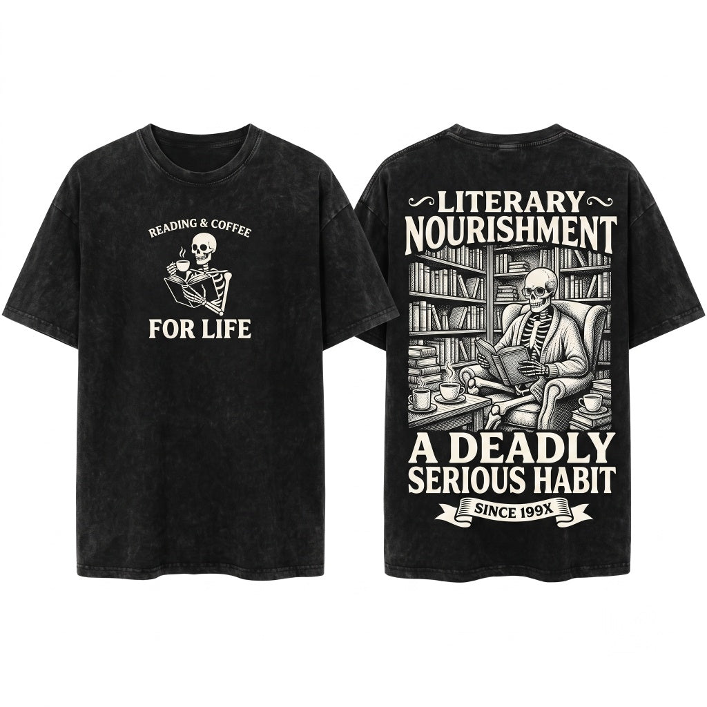Embroidered Skeleton Reading Book Cozy Dark Academia Spooky Reader Unisex Wash T-Shirt