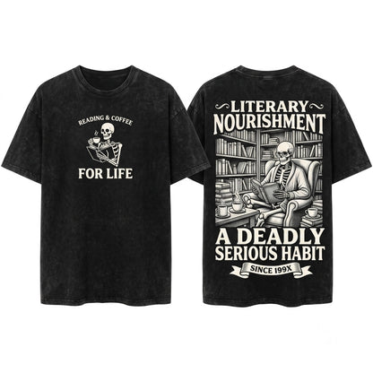 Embroidered Skeleton Reading Book Cozy Dark Academia Spooky Reader Unisex Wash T-Shirt