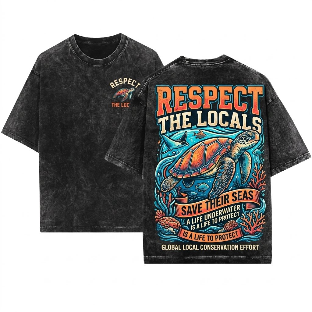 Respect The Locals Turtle Vintage Surfing Save Ocean Beach Unisex Wash T-Shirt