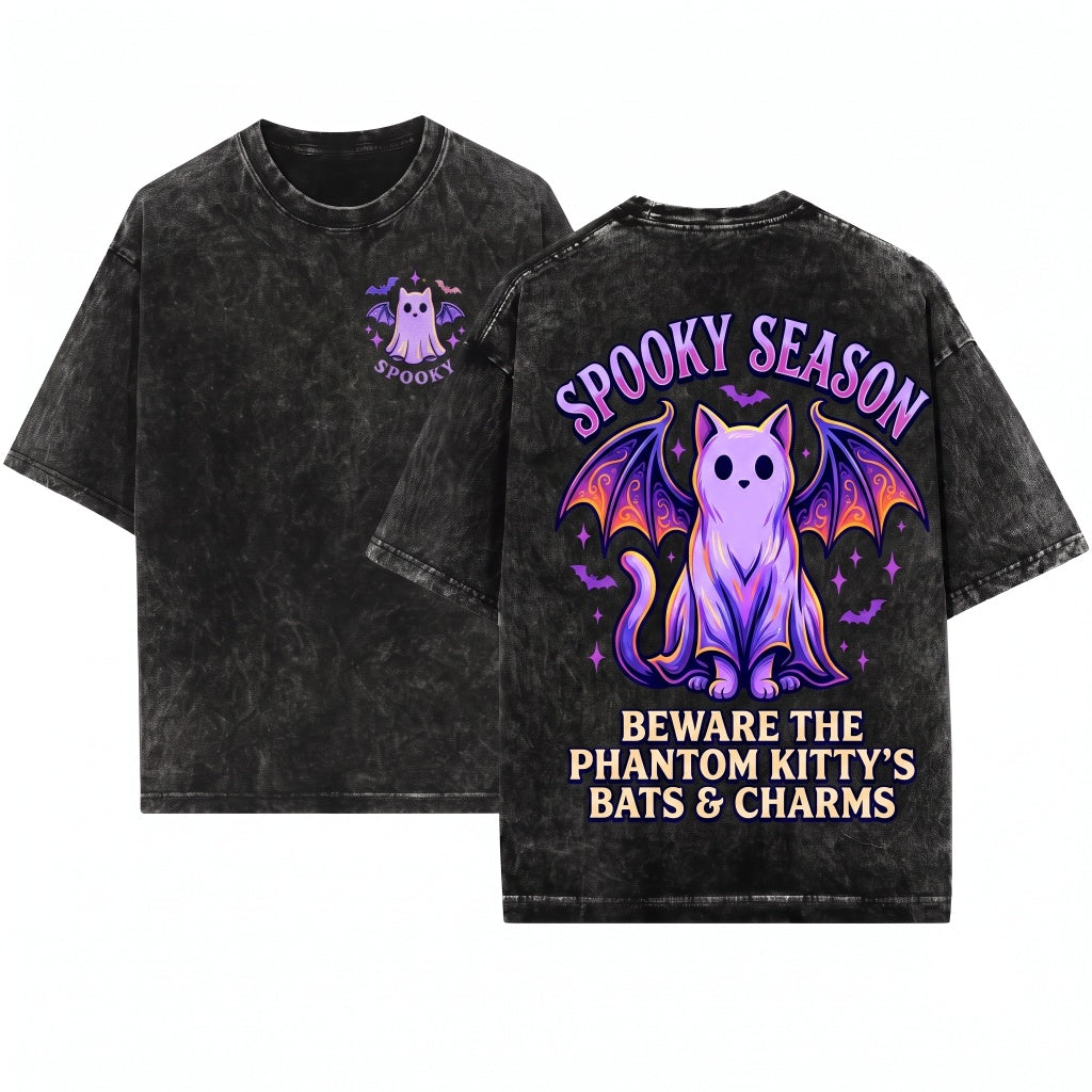 Embroidered Halloween Cute Ghost Spooky Kitty Cozy Fall Boo Basket Gift Apparel Unisex Wash T-Shirt