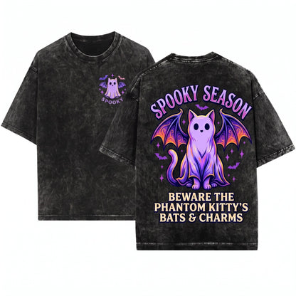Embroidered Halloween Cute Ghost Spooky Kitty Cozy Fall Boo Basket Gift Apparel Unisex Wash T-Shirt