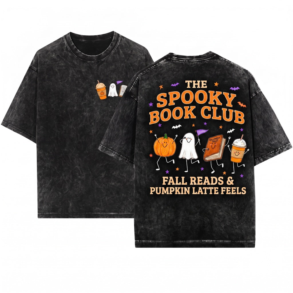 Cute Smiling Halloween Pumpkin Ghost Book Coffee Reader Cozy Fall Graphic Doodles Unisex Wash T-Shirt