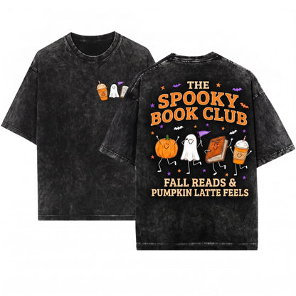 Cute Smiling Halloween Pumpkin Ghost Book Coffee Reader Cozy Fall Graphic Doodles Unisex Wash T-Shirt