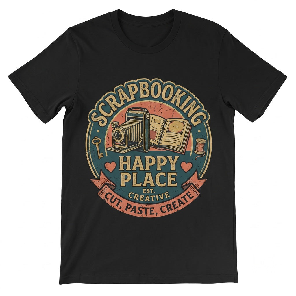 Vibrant Scrapbooking Crafting Graphic - Camera, Scissors, Glue Motif Creative Hobby Unisex TShirt
