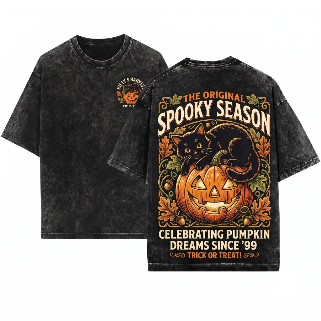 Vintage 90s Retro Spooky Halloween Black Cat Pumpkin Fall Season Crewneck Sweatshirt Unisex Wash T-Shirt