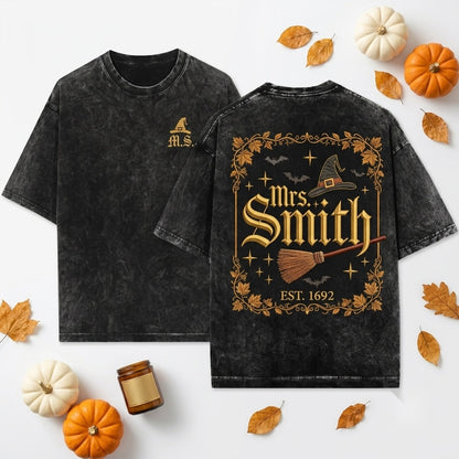 Customized Personalized Halloween Spooky Teacher Mrs Smith Embroidered Witch Hat Broom Crewneck Sweatshirt Gift Unisex Wash