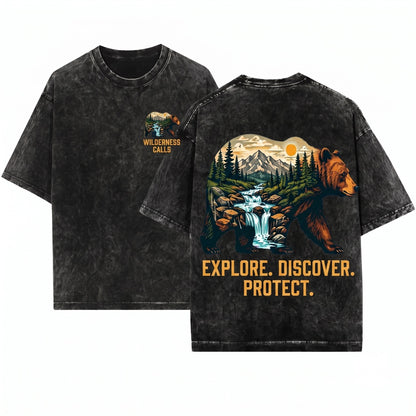 Vintage Mountain Bear Graphic Wilderness Forest Wildlife Classic Outdoor Adventure Nature Gift Unisex Wash T-Shirt
