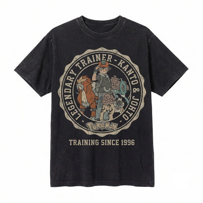 Vintage Wash Anime Monster Trainer Graphic Double Sided Japanese Streetwear Retro Gamer Gift Unisex TShirt