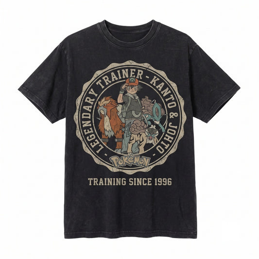Vintage Wash Anime Monster Trainer Graphic Double Sided Japanese Streetwear Retro Gamer Gift Unisex TShirt