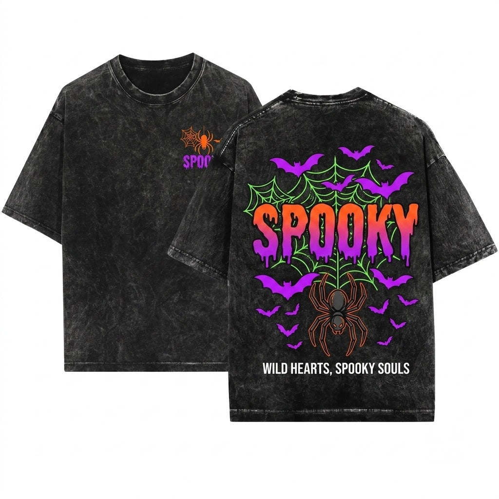 Spooky Halloween Embroidered Gothic Bat Spider Black Fall Cozy Witchy Gift Unisex Wash T-Shirt