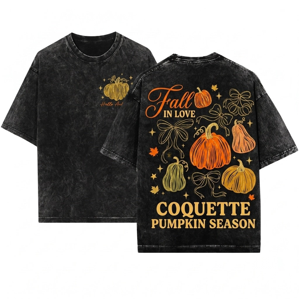 Glitter Orange Pumpkin Bow Doodles Fall Harvest Thanksgiving Season Unisex Wash T-Shirt