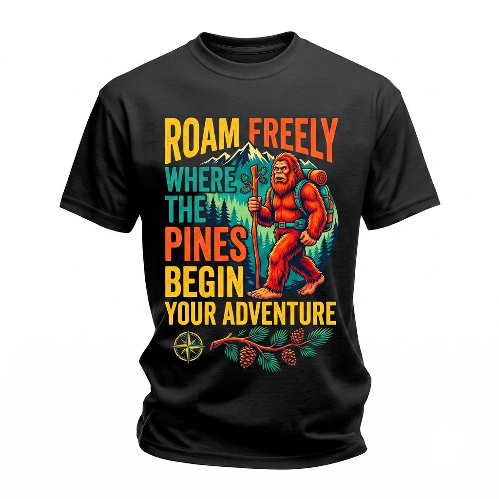 Bigfoot Roam Where The Pines Begin Sasquatch Camping Outdoor Nature Vintage Unisex TShirt