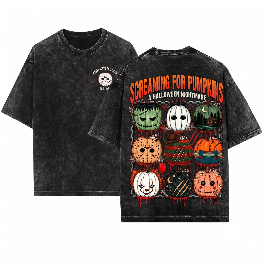 Vintage Spooky Horror Pumpkin Cute Scary Halloween Fall Graphic Retro Movie Fan Crewneck Unisex Wash T-Shirt