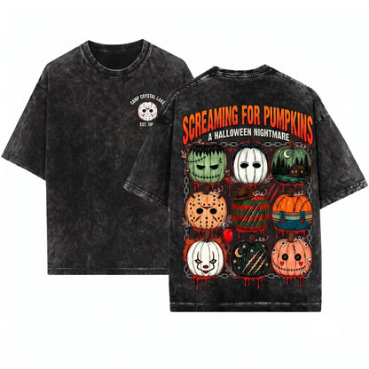 Vintage Spooky Horror Pumpkin Cute Scary Halloween Fall Graphic Retro Movie Fan Crewneck Unisex Wash T-Shirt