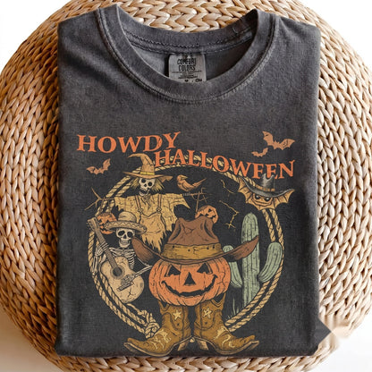 Western Halloween Pumpkin Skeleton Guitar Cactus Graphic Spooky Season Apparel Unisex TShirt