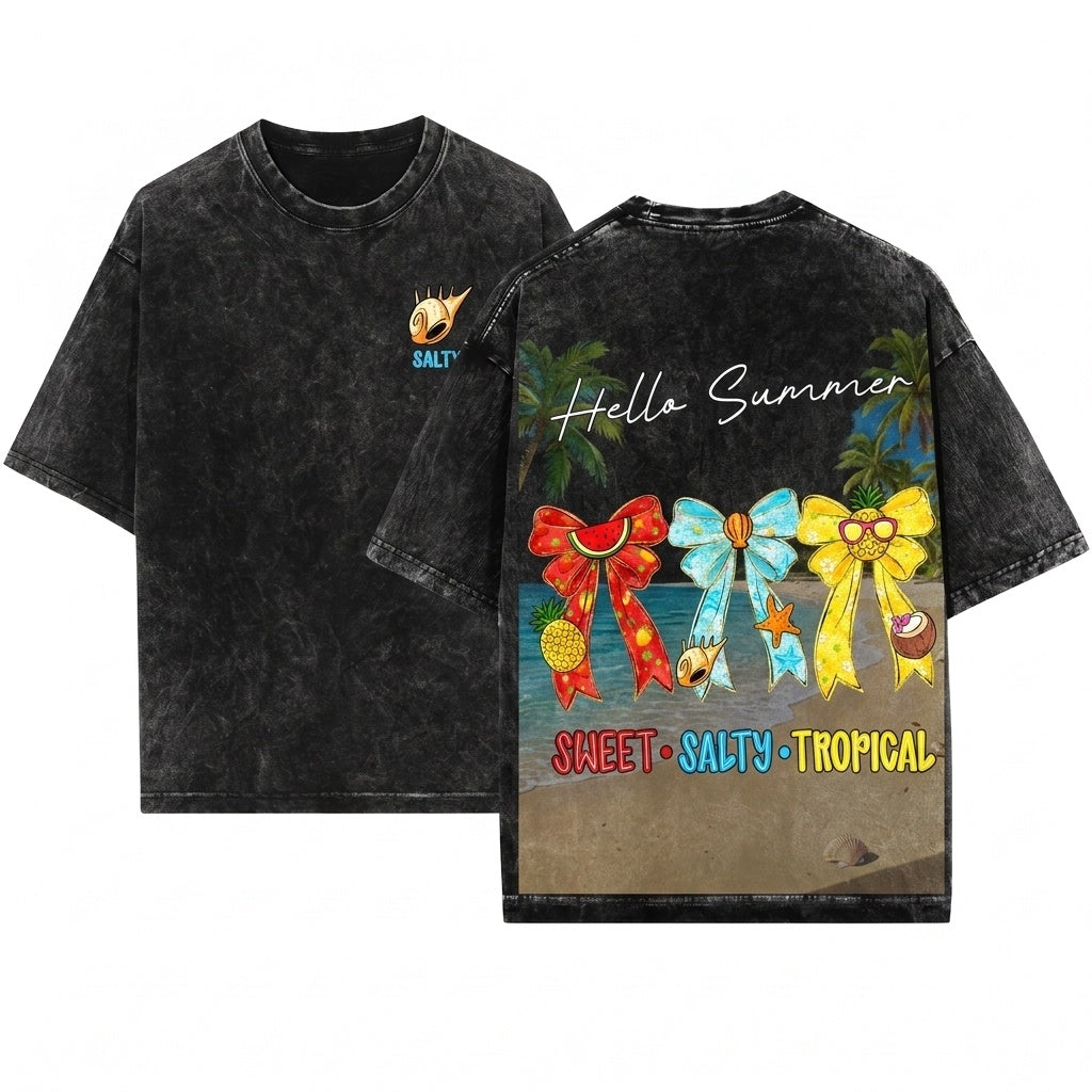 Hello Summer Coquette Bow Tropical Fruit Seashell Beach Vacation Sweet Salty Unisex Wash T-Shirt