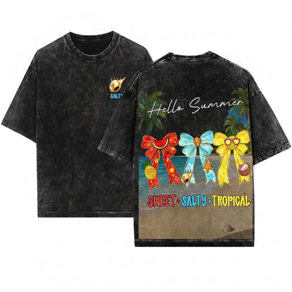 Hello Summer Coquette Bow Tropical Fruit Seashell Beach Vacation Sweet Salty Unisex Wash T-Shirt