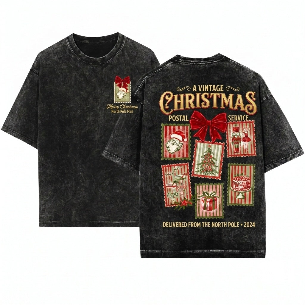 Retro Coquette Santa Stamps Bow Cute Holiday Christmas Womens Apparel Unisex Wash T-Shirt