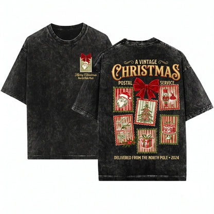 Retro Coquette Santa Stamps Bow Cute Holiday Christmas Womens Apparel Unisex Wash T-Shirt