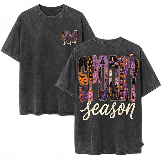Vintage Faux Patchwork Applique Spooky Season Halloween Varsity Purple Pumpkin Ghost Witch Gift Unisex Wash T-Shirt