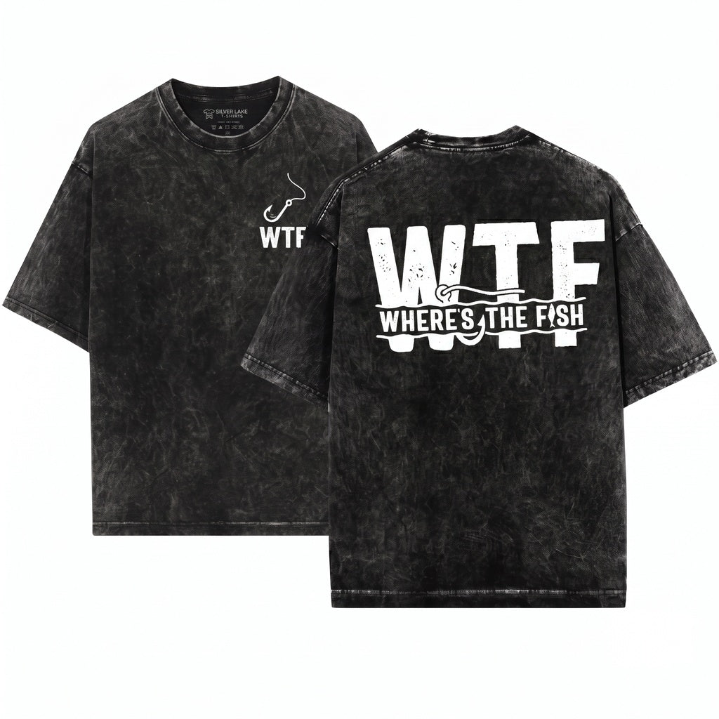 Mens Funny WTF Wheres The Fish Christmas Angler Dad Present Gift Unisex Wash T-Shirt