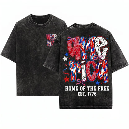 Patriotic USA Red White Blue Ribbon Bow Patterned Unisex Wash T-Shirt