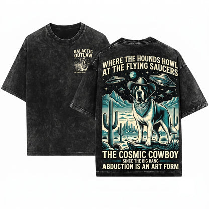 Vintage Saint Bernard UFO Western Cowboy Retro Alien Dog Gift Parents Unisex Wash T-Shirt