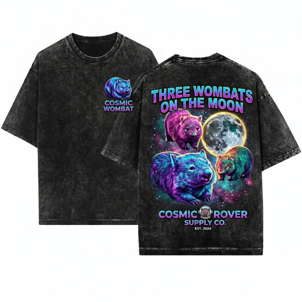 Three Wombats Graphic Galaxy Moon Space Cute Aussie Funny Australian Animal Wildlife Unisex Wash T-Shirt