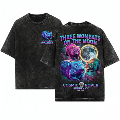 Three Wombats Graphic Galaxy Moon Space Cute Aussie Funny Australian Animal Wildlife Unisex Wash T-Shirt
