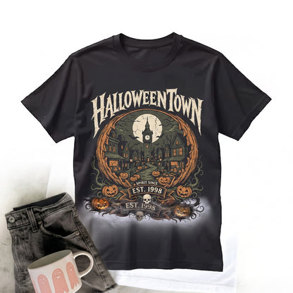 Vintage Halloween Graphic Haunted Town Pumpkin Gothic Night Scene Autumn Horror Gift Unisex TShirt