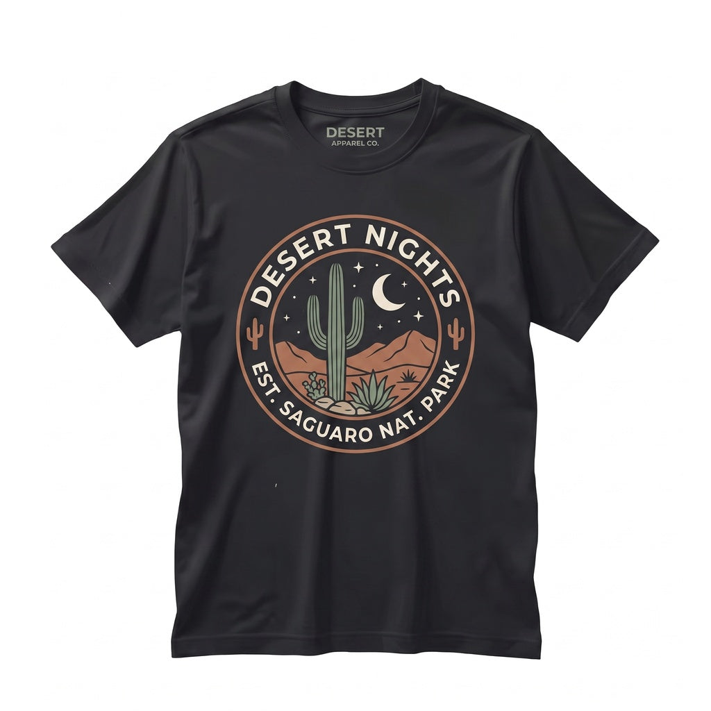 Classic Desert Night Cactus Graphic Moonlit Southwest Landscape Rustic Western Nature Unisex TShirt