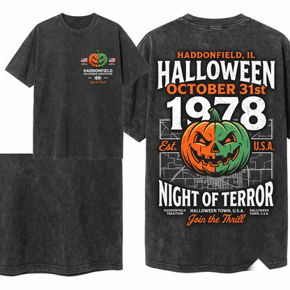 Vintage 1978 Haddonfield Pumpkin Horror Movie Crewneck Unisex Wash T-Shirt