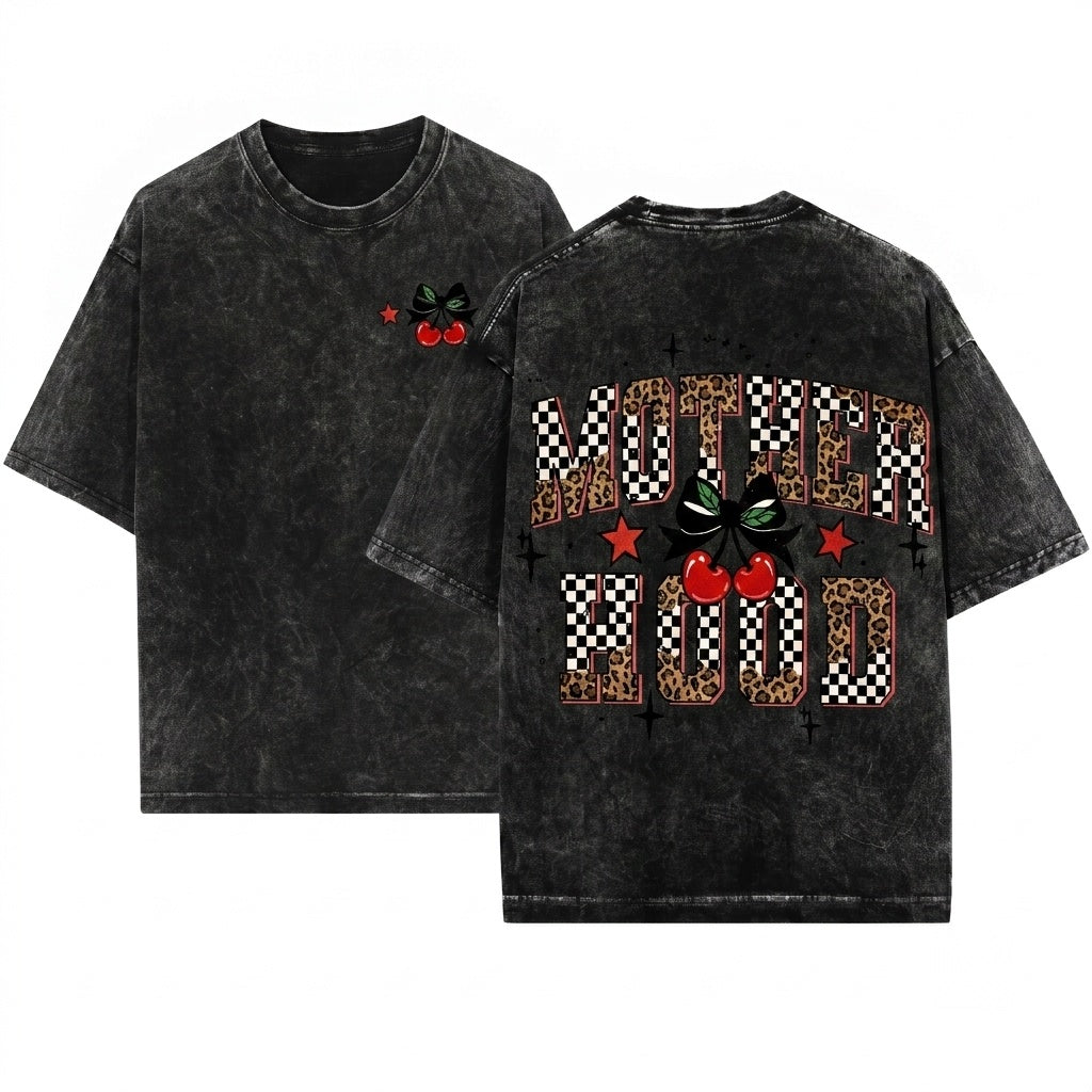 Retro Checkered Leopard Cherry Coquette Trendy Edgy Mama Motherhood Graphic Gift Unisex Wash T-Shirt