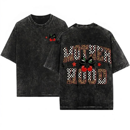 Retro Checkered Leopard Cherry Coquette Trendy Edgy Mama Motherhood Graphic Gift Unisex Wash T-Shirt