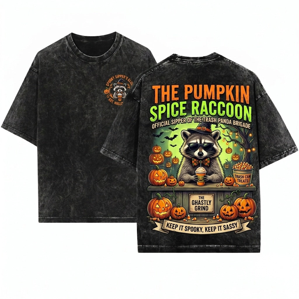 Funny Halloween Raccoon Drinking Pumpkin Spice Latte Spooky Season Fall Graphic Unisex Wash T-Shirt
