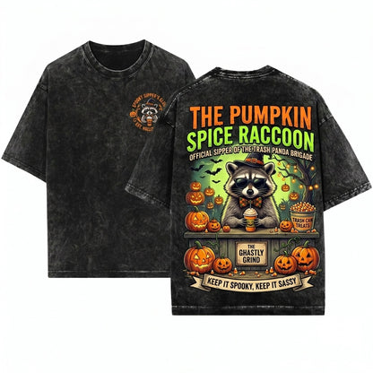 Funny Halloween Raccoon Drinking Pumpkin Spice Latte Spooky Season Fall Graphic Unisex Wash T-Shirt