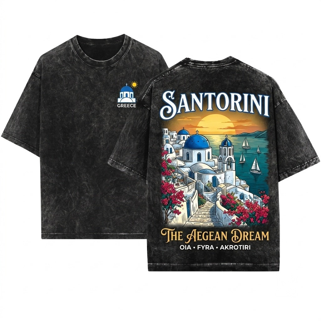 Santorini Greece Coastal Vacation Summer Beach Graphic Vintage Souvenir Unisex Wash T-Shirt